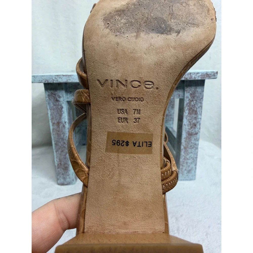 Vince Elita Sandal Womens 7M Tan Croc Embossed Leather Strappy Block Wood Heel