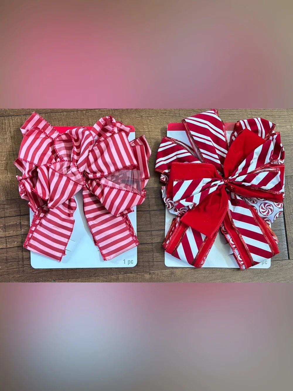 Christmas tree bows 2 total NEW NWT pink red stripe red white peppermint