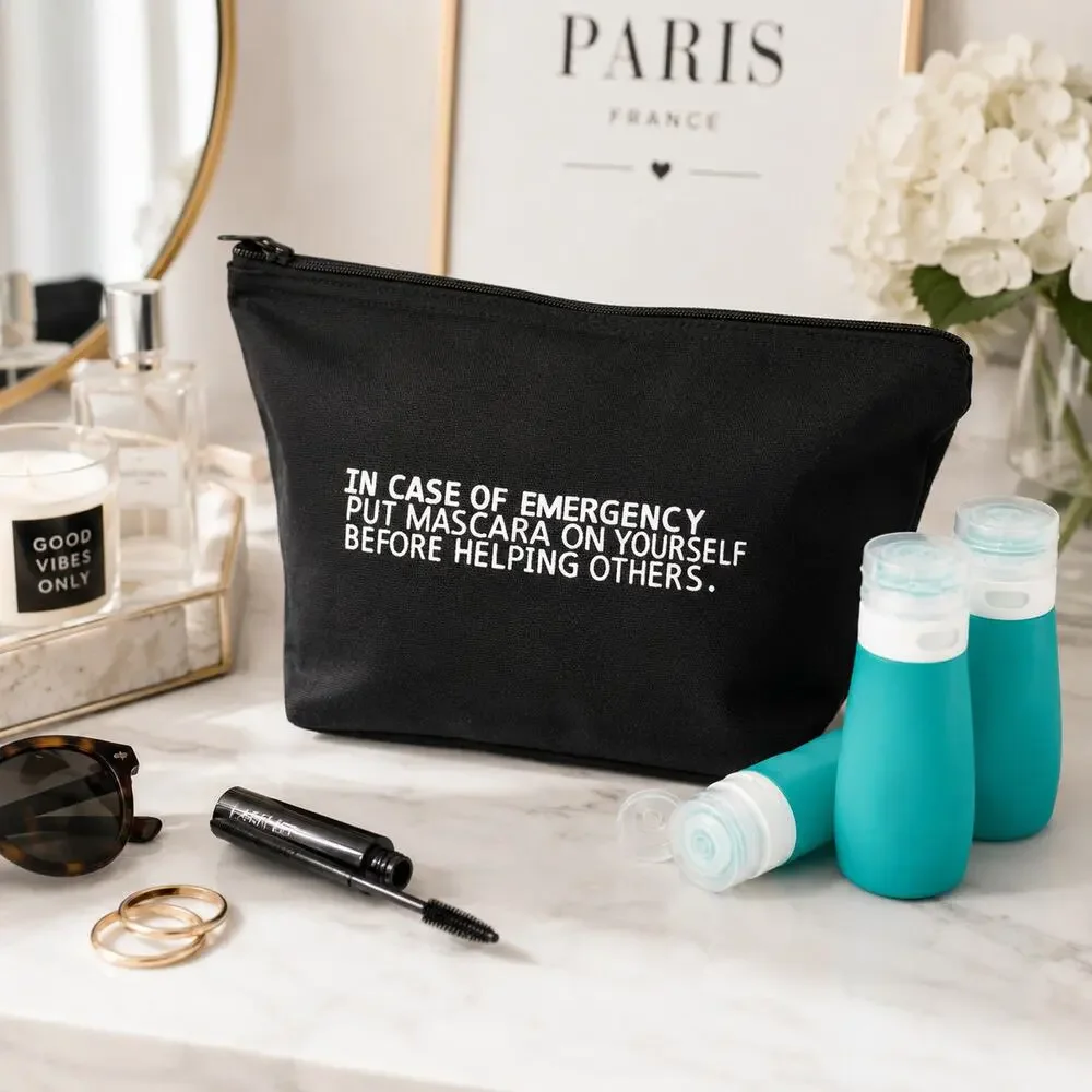 Chic Funny Makeup Bag Set Mascara Emergency w Travel Bottles Black Canvas NEW