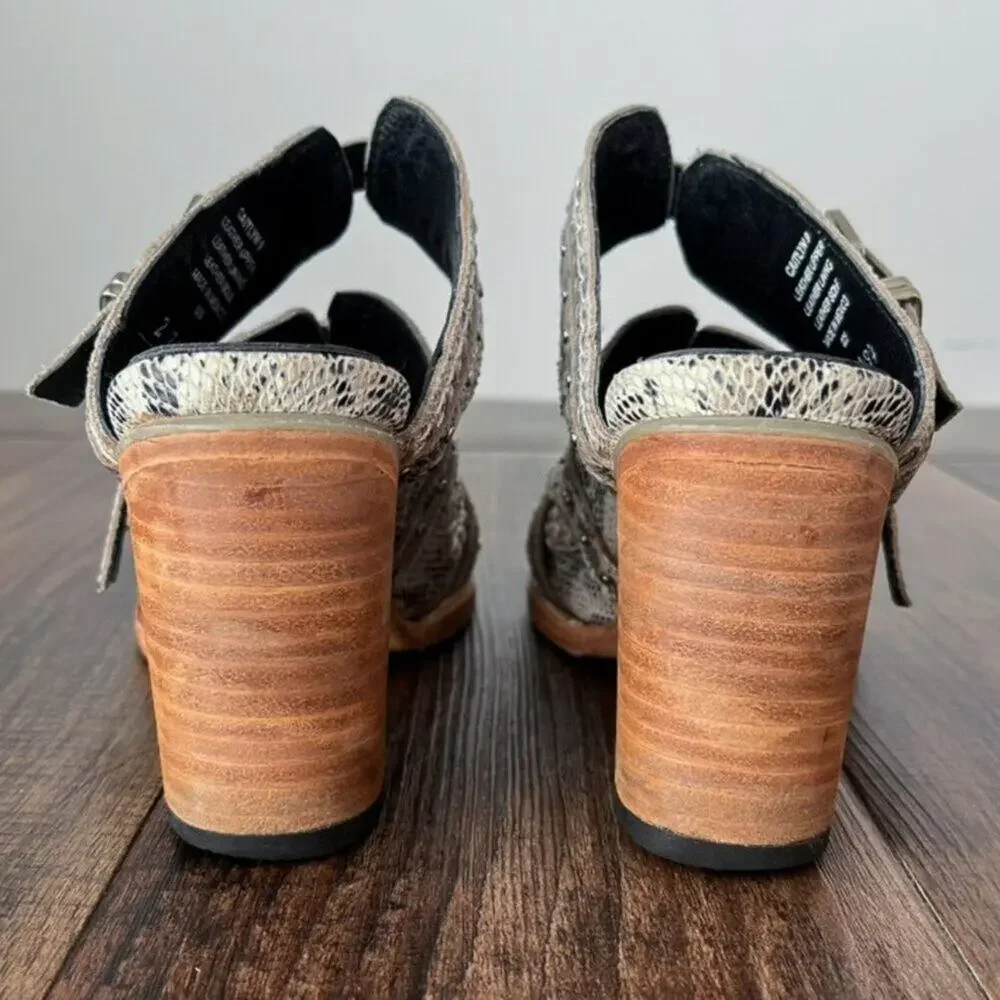 Freebird Caitlyn Leather Sandal Snake Embossed Buckle Heel Size 9 Black White