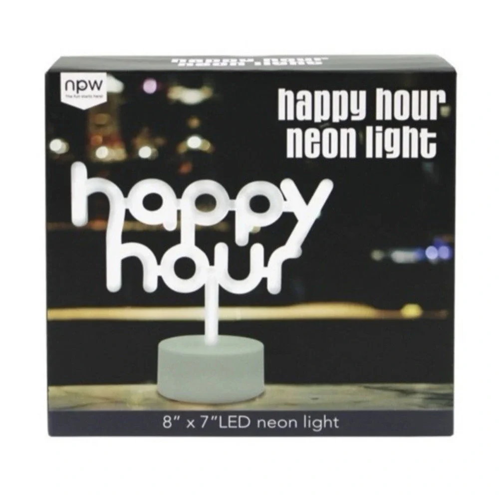 White Happy Hour Neon Sign - LED Neon Signs for Kitchen, Home Bar, Party - NEW