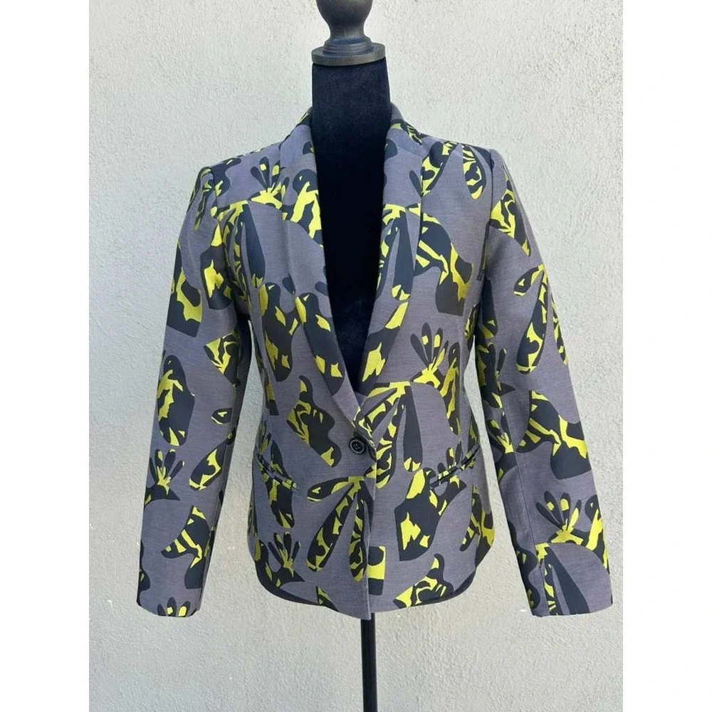 Banana Republic Womens Gray Neon Yellow Abstract Floral Blazer Jacket Size 2