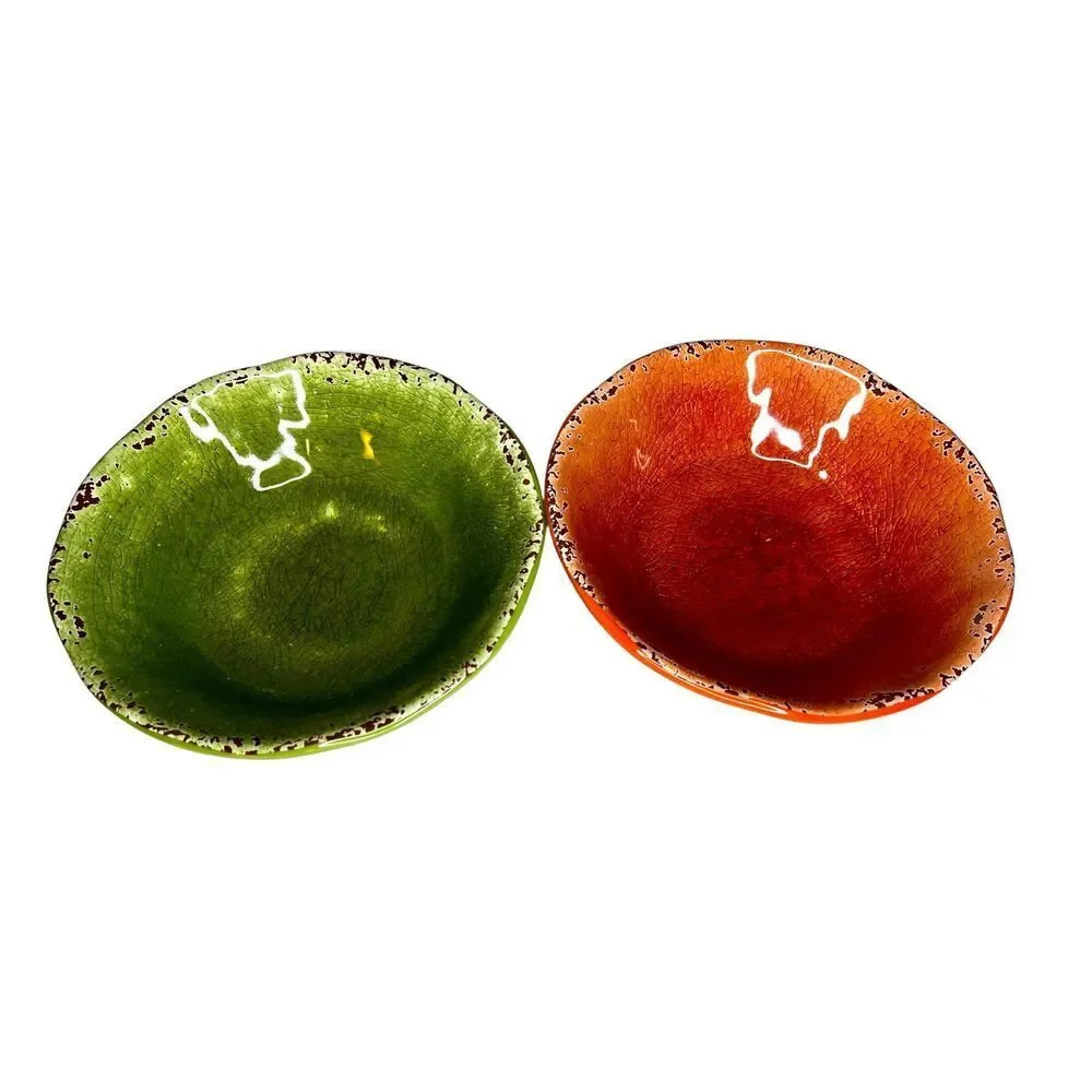 NWT Pier 1 Carmelo Melamine Green & Orange Crackle Set of 2 Bowls