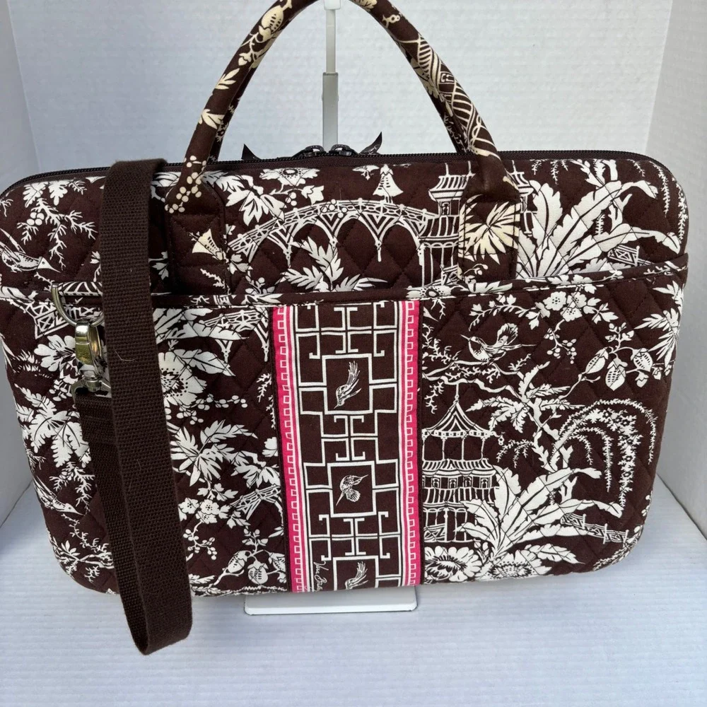 Vera Bradley Java Blue‎ Quilted Laptop Messenger Bag Brown Floral Pagoda Case