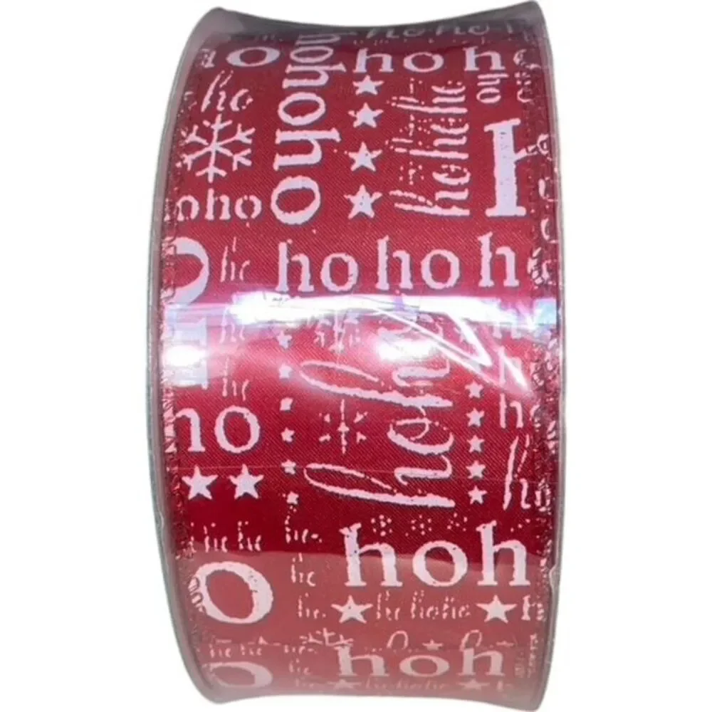 HO HO Red w/ White Accents 2.5‎ inch x 50 Yards, Premium Wired Ribbon NEW!