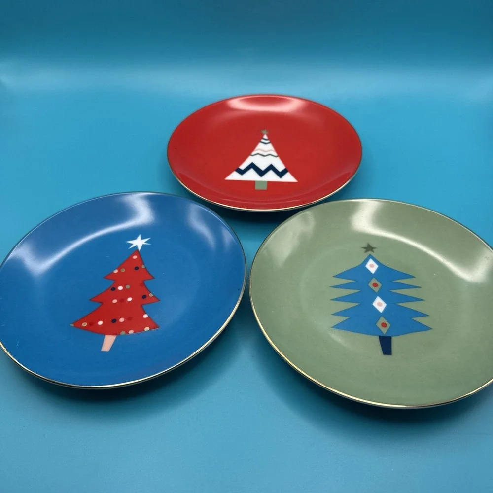 PIER 1 Christmas Tree Plate 3 Colors Holiday Appetizer‎ Canape Dessert 6