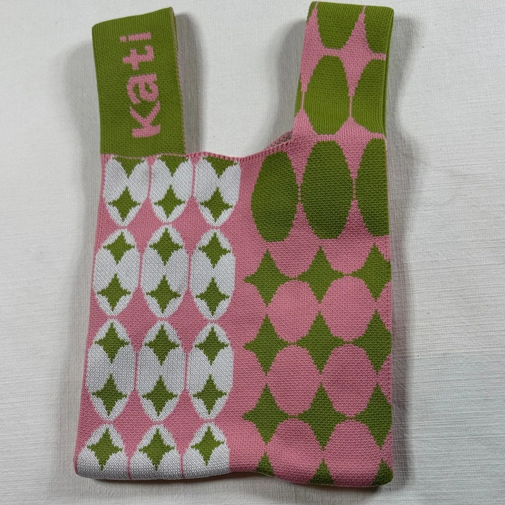 Kati‎ Pink Green Knit Geometric Pattern Mini Tote Bag Asymmetrical Handle