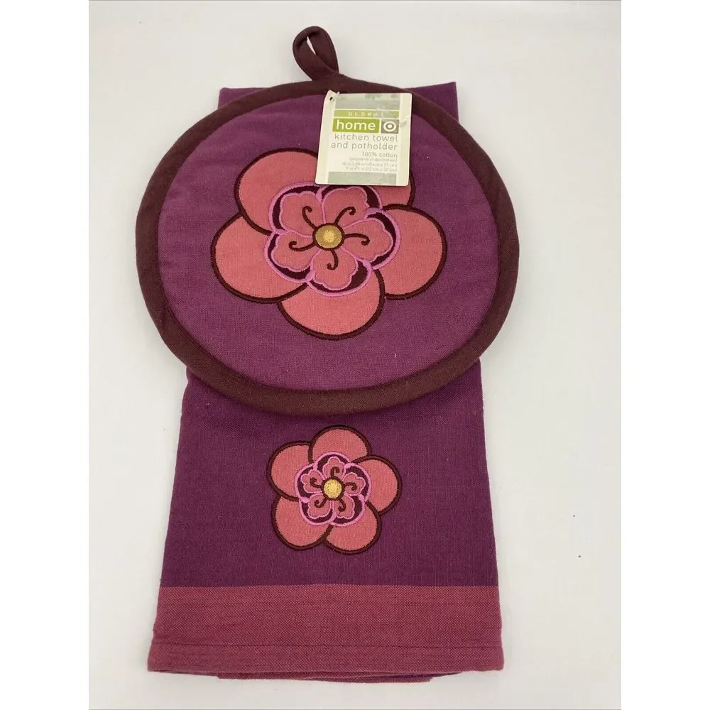 Global‎ Home Target Kitchen Towel And Potholder Red Flower Set