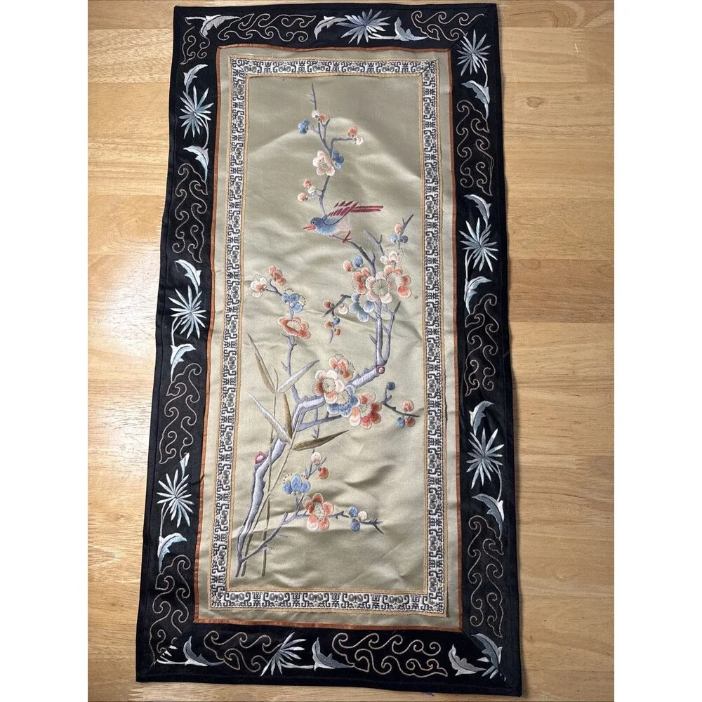 Vintage Asian Silk Hand Embroidered Tapestry Floral Bird Design 13”x26”