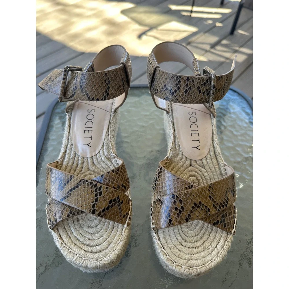 Sole Society Audrina Snakeskin Espadrille‎ Wedge Sandals Brown Womens 9M