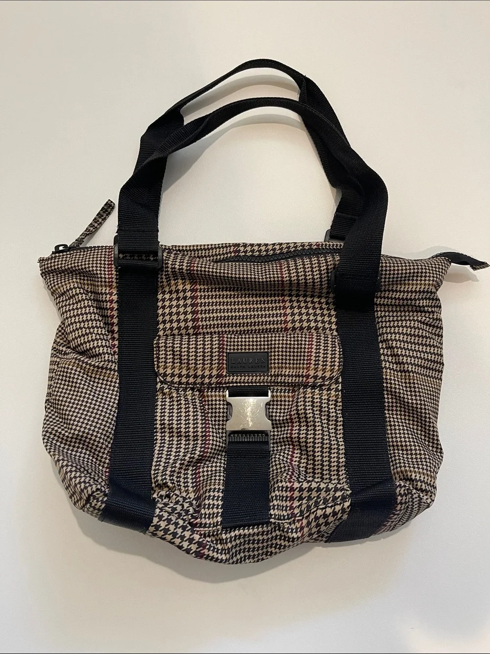 Lauren Ralph Lauren Black and Tan Plaid Houndstooth Print Tote