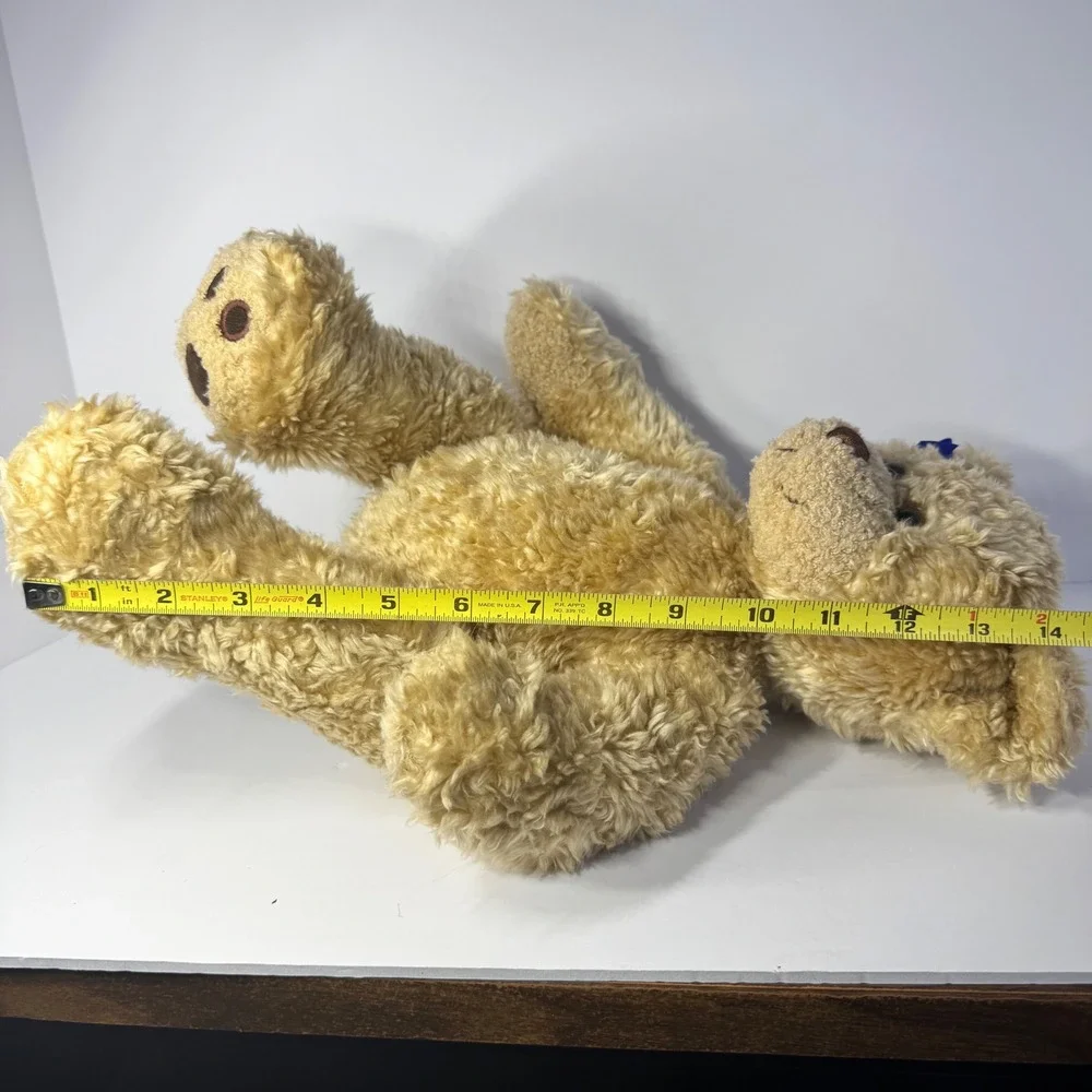 Build-A-Bear Workshop Tan Curly Shaggy Teddy Bear Blue Bow Plush 14 Inch Vintage