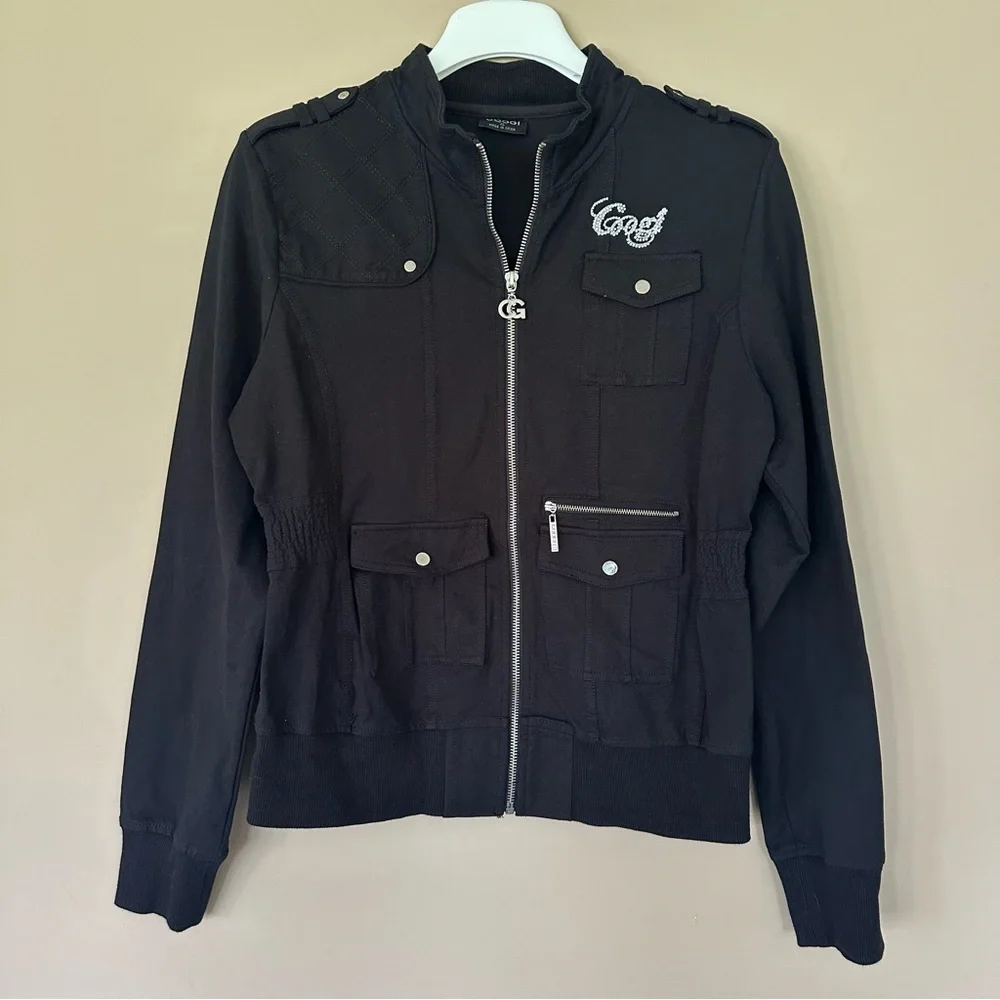Coogi Black Sparkle Bomber Jacket Girls XL Spell Out Bling Embellished Military