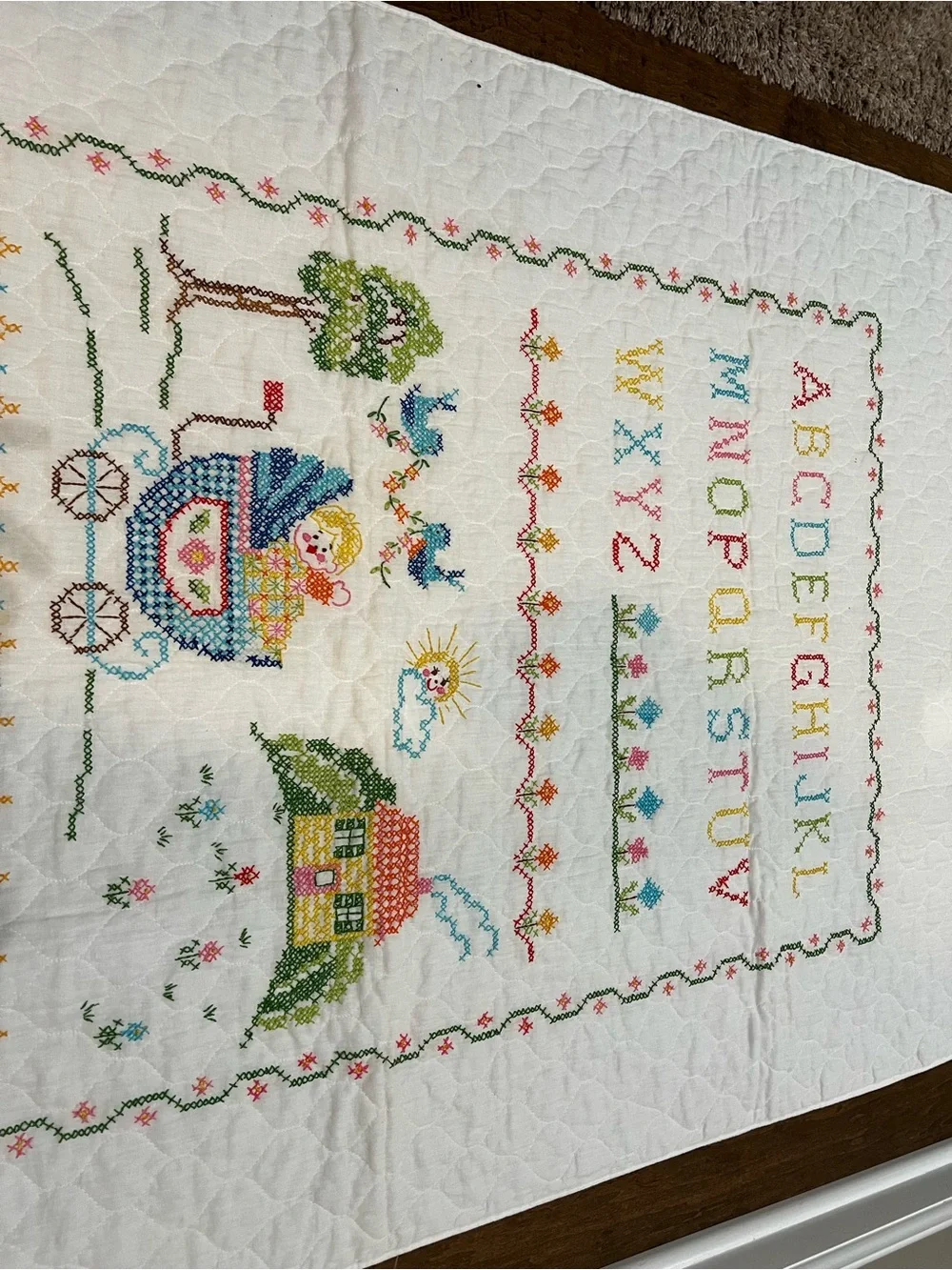 Hand-Embroidered Alphabet Sampler Quilt - Pastel & Primary Floral Motifs