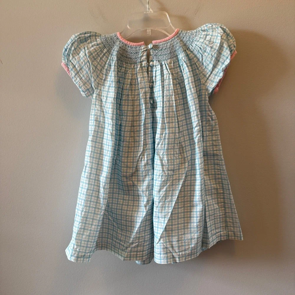Dondolo Smocked Blue Plaid Dress with Heart Pockets Girls Size 6
