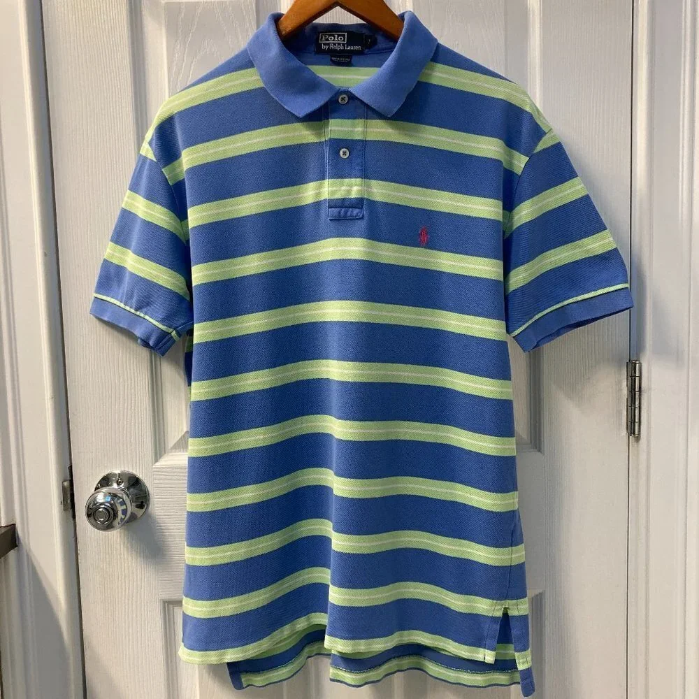 Vintage Polo by Ralph Lauren Rugby Blue Green White Striped Polo Size Large