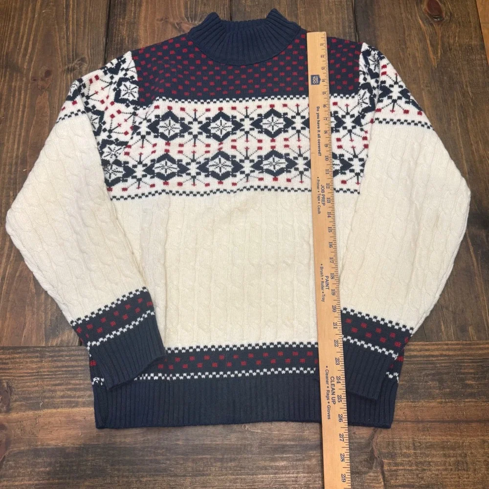 Lord Jeff Vintage Mens Fair Isle Snowflake Cable Knit Sweater Navy Cream Red VTG
