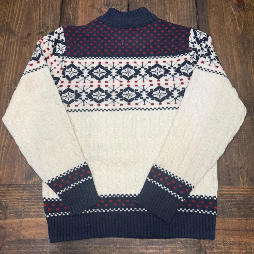 Lord Jeff Vintage Mens Fair Isle Snowflake Cable Knit Sweater Navy Cream Red VTG