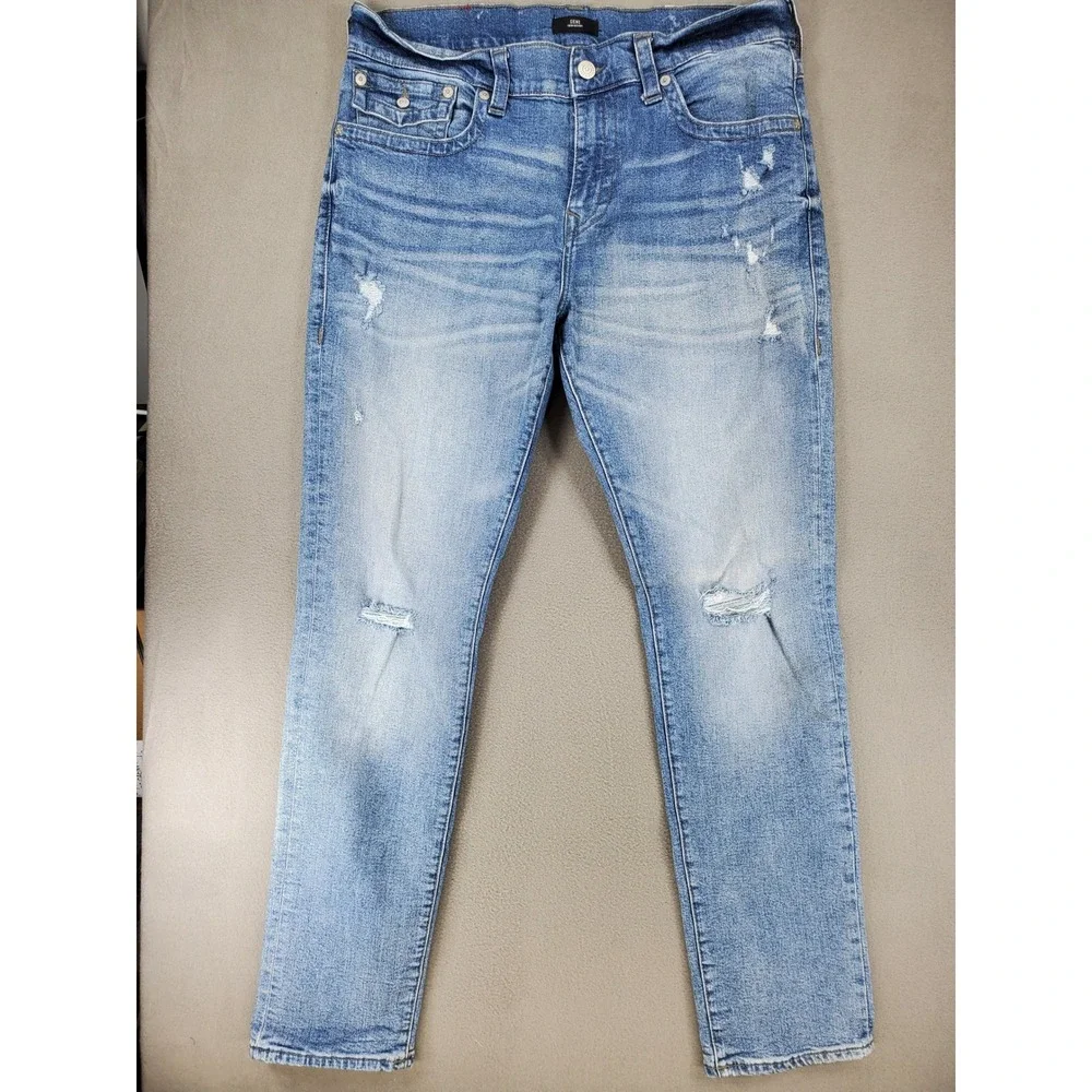 True Religion Geno Relaxed Slim Jeans Mens 38 Blue Distressed Ripped Denim