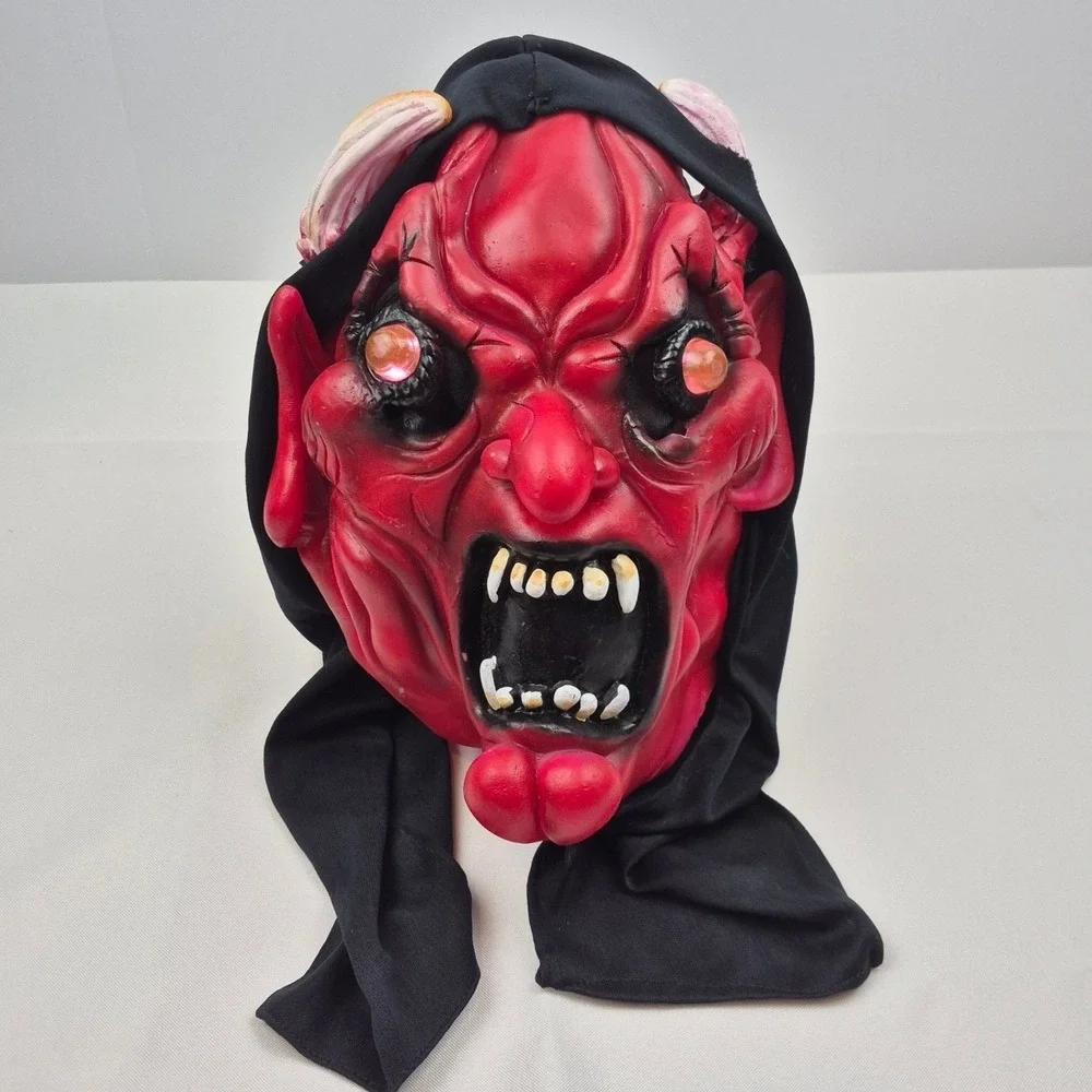 Vtg 90s Halloween Devil Demon‎ Mask Light Up Eyes Works Latex Hood Battery Op