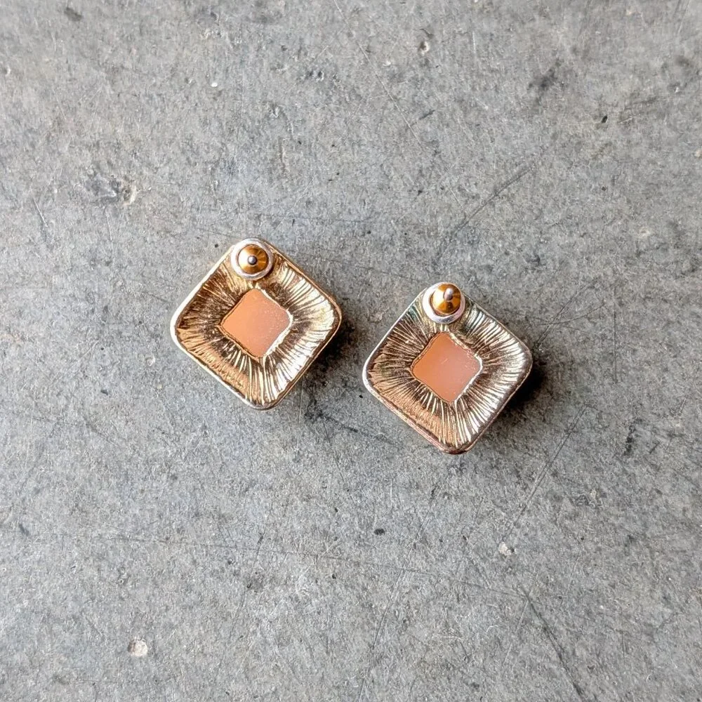 Set of Three Coral, Teal, Leaf Gold Post Earrings