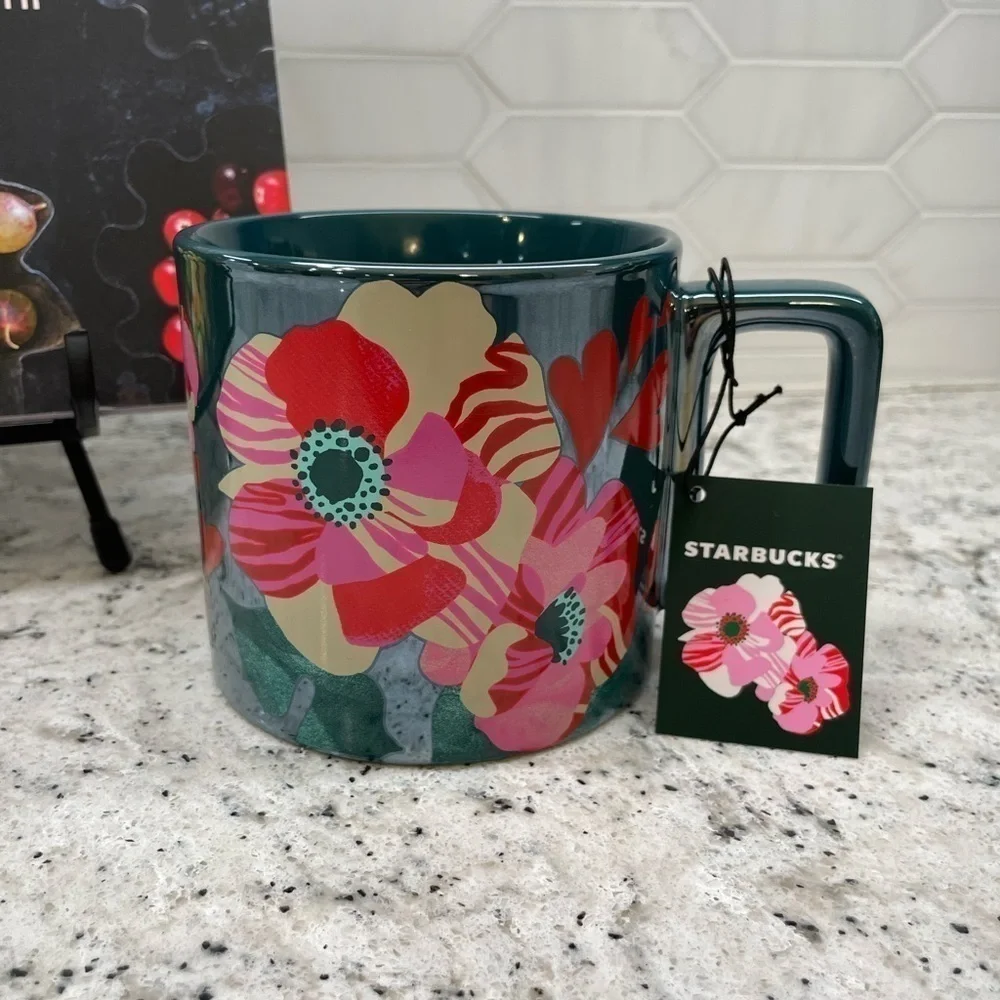 Starbucks 2024 Dark Blue Flora Hearts Ceramic Mug. Iridescent sheen. NWT!