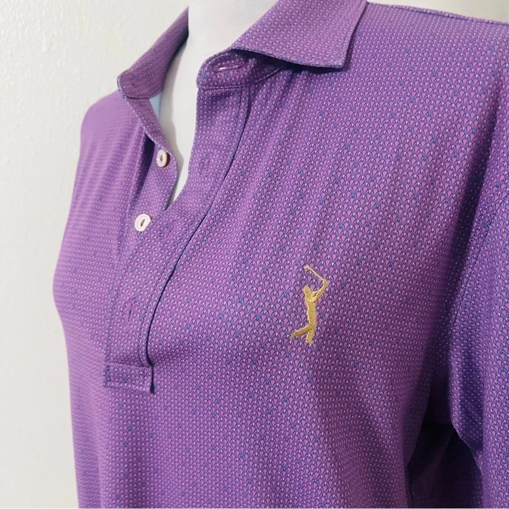 Peter Millar Men’s Medium Golf Polo Shirt Lavender & Blue Striped 3/4 Button EUC
