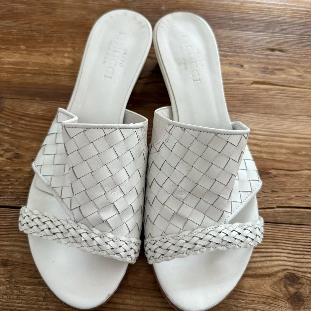 Sesto Meucci Slip on Mule Sandals White Woven Leather Italy Women's 8.5 EUC