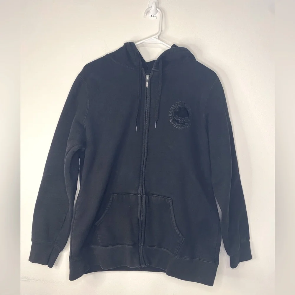 Harley Davison Zip Up Hooded Sweatshirt Jacket Black Skull Motorcycle Size Large