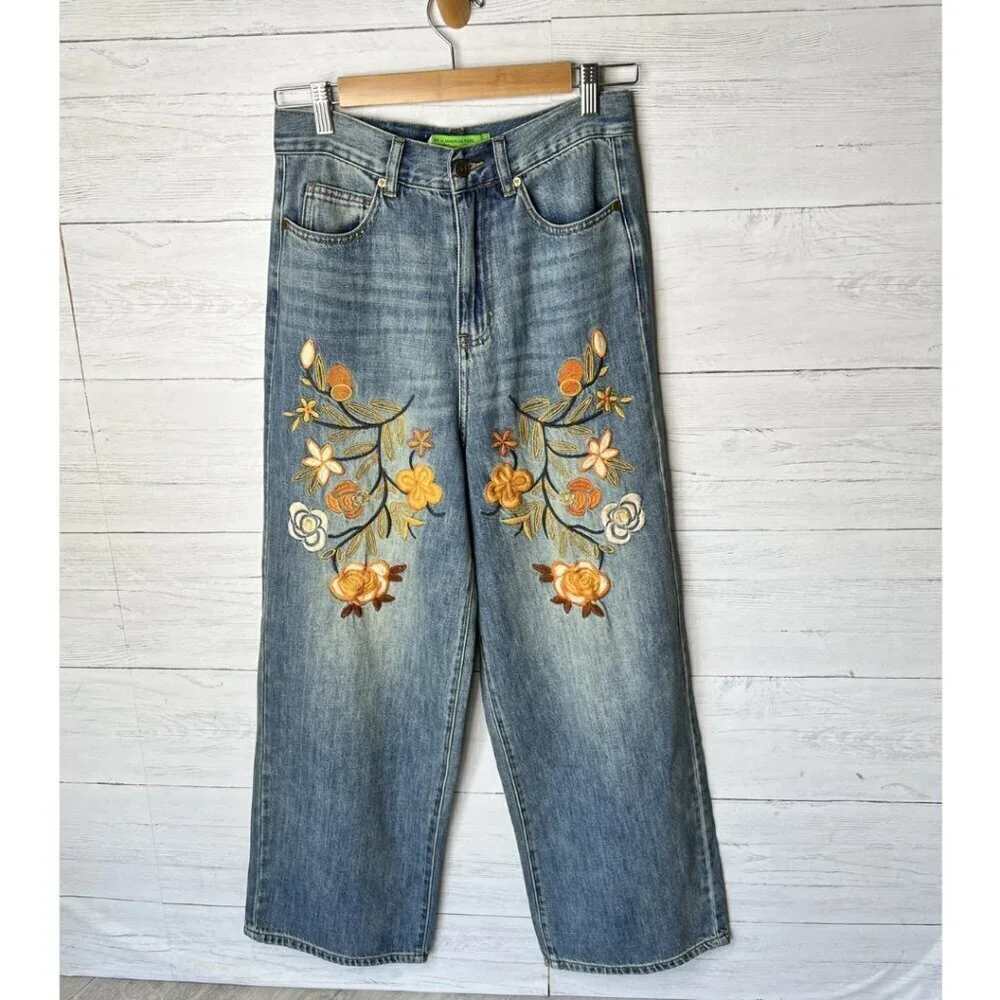 Sandrine Rose Jeans Womens Size 25 Floral Embroidered Wide Leg 100% Cotton