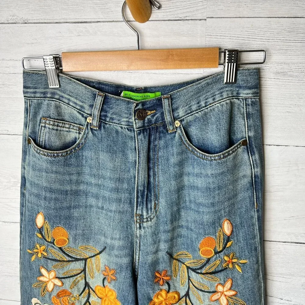 Sandrine Rose Jeans Womens Size 25 Floral Embroidered Wide Leg 100% Cotton
