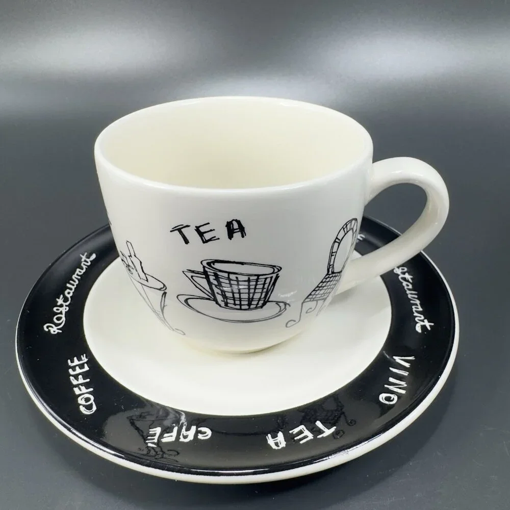 Pier 1 ENGLAND‎ ANGLETERRE Ceramic Teacup And Saucer Set Vino Coffee Black White