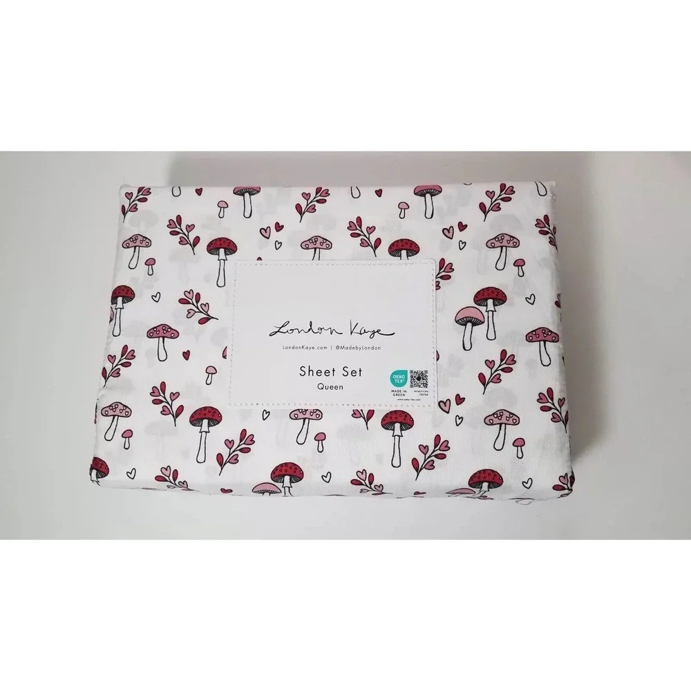 London Kaye Queen Mushrooms Hearts Bed‎ Sheet Set 4 piece Microfiber Bedding NEW
