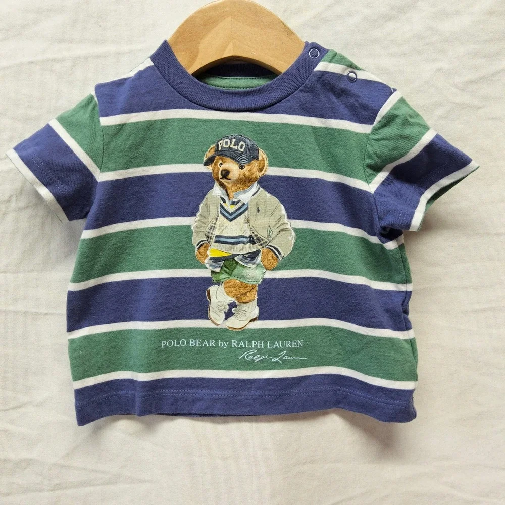 Ralph Lauren Polo Bear T-Shirt Baby 3M Blue Green Striped Short Sleeve Snaps