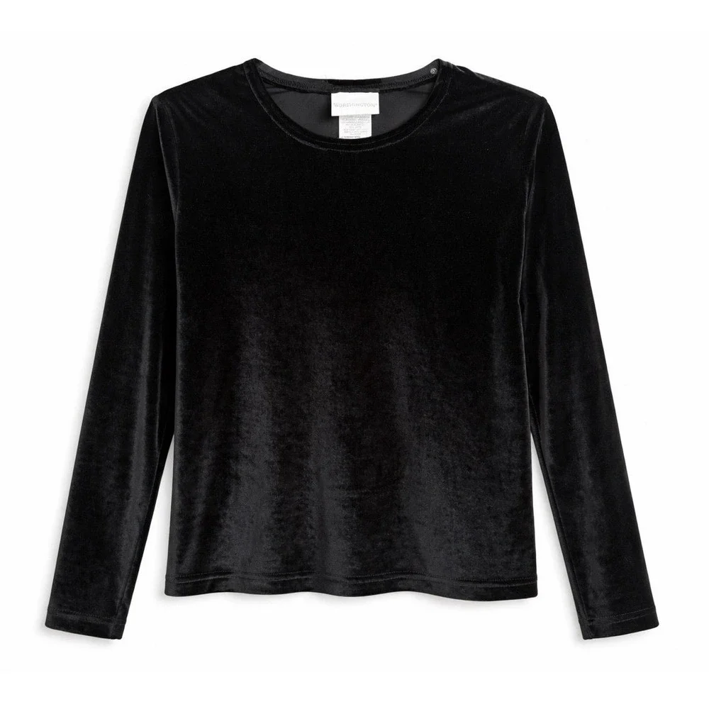 Worthington‎ Black Velvet Long Sleeve Top Crew Neck Blouse Made in USA Women