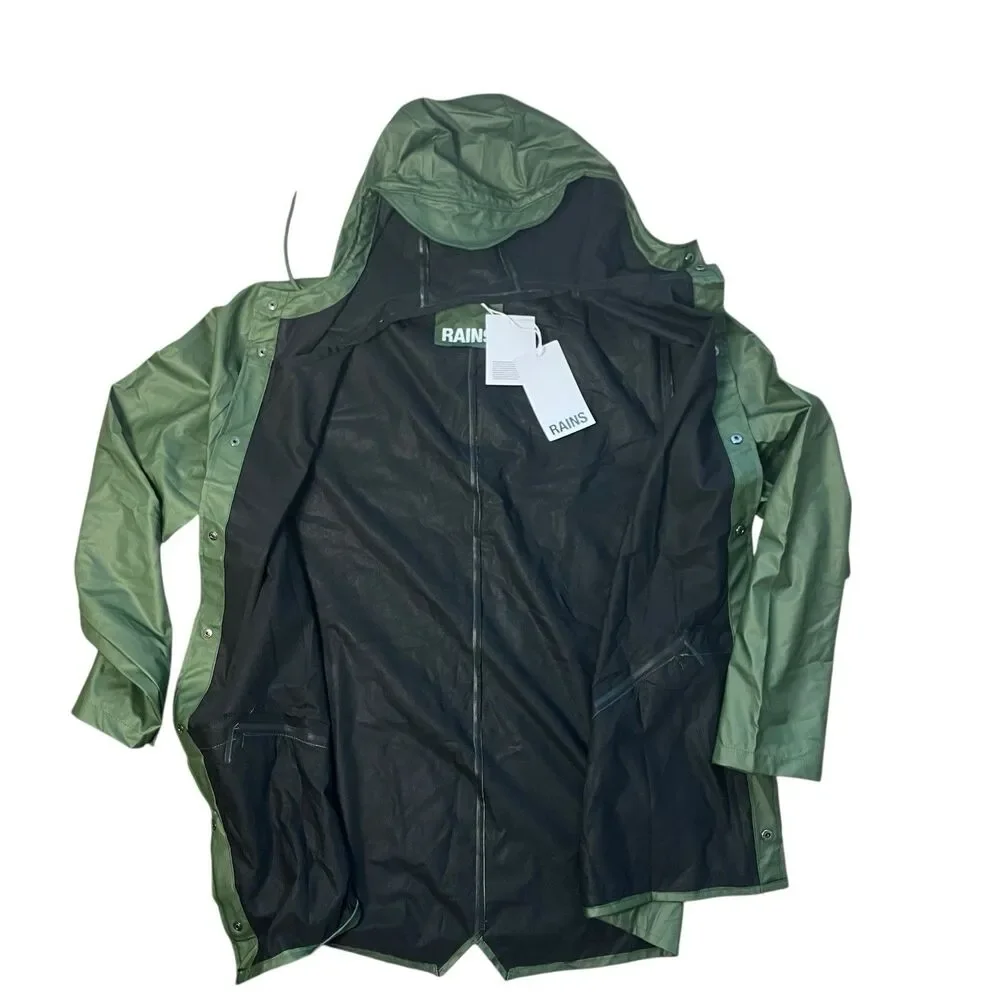Rains Jacket Men’s XL Green Waterproof‎ Hooded Raincoat Snap Button Travel City