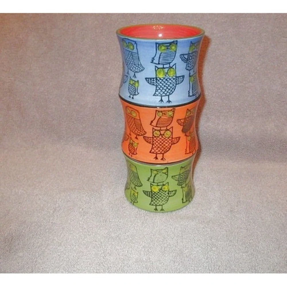 Pier 1 Imports Stacking Stoneware Mugs Set Of 3 Hand Painted Whimsical Bird Owl