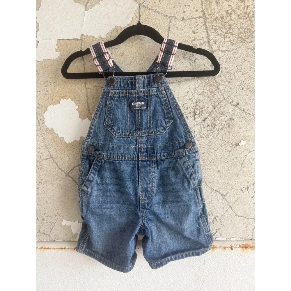 Vintage OshKosh Bgosh Denim Shortalls 18M Baby Overalls Striped Straps Carpenter