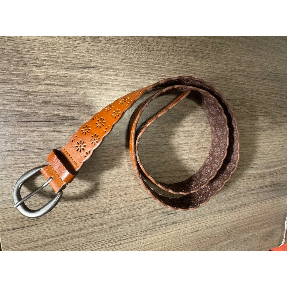 Cognac Brown Scalloped Floral Cutout Belt Silver Buckle 2XL Leather Lining