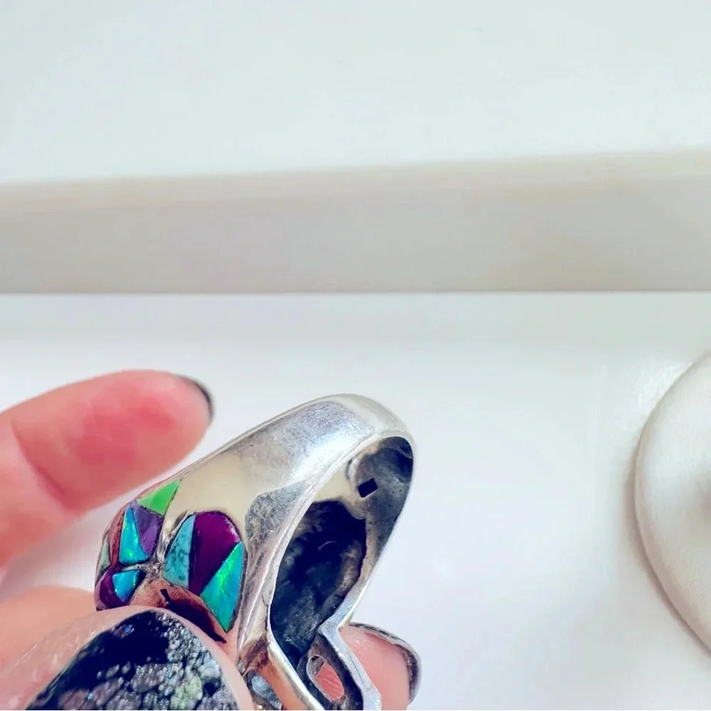 Handmade Sterling Silver & Multi Stone Inlay Skull/Biker/Rocker Ring Size 9.5