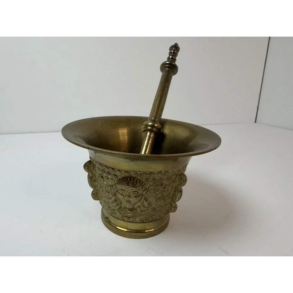 Solid Brass Design Face Mortar & Pestle Pharmacy Apothecary Vintage 3