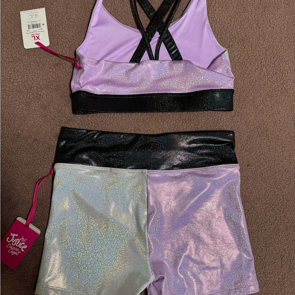 Justice Iridescent Lavender & Silver Dance Set with Black Trim