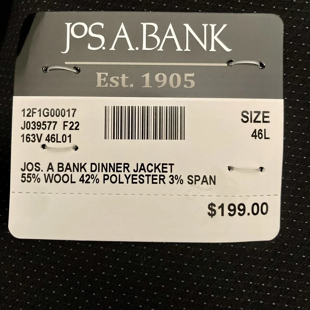 Jos A Bank Men's Dinner‎ Jacket Blazer Black Tailored Fit 46L Wool Blend C070557