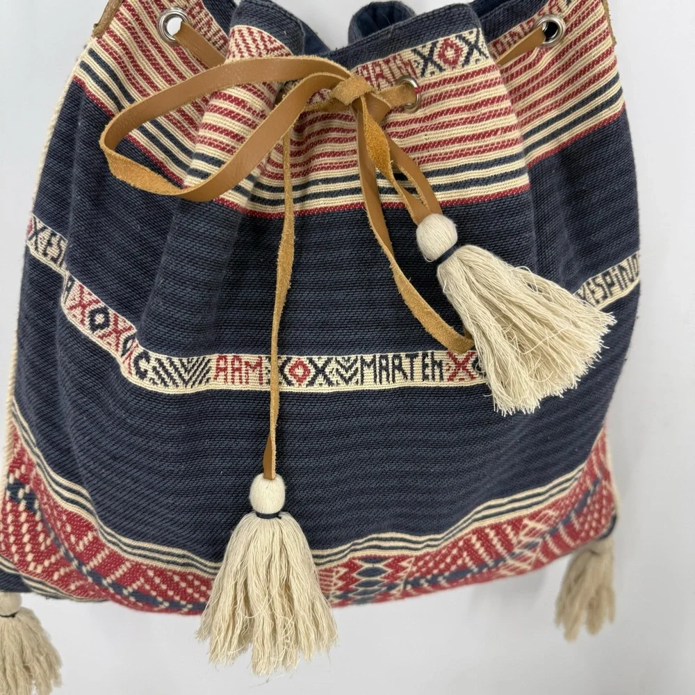 Star Mela vintage 100% cotton with leather strap and tassel bucket Boho bag