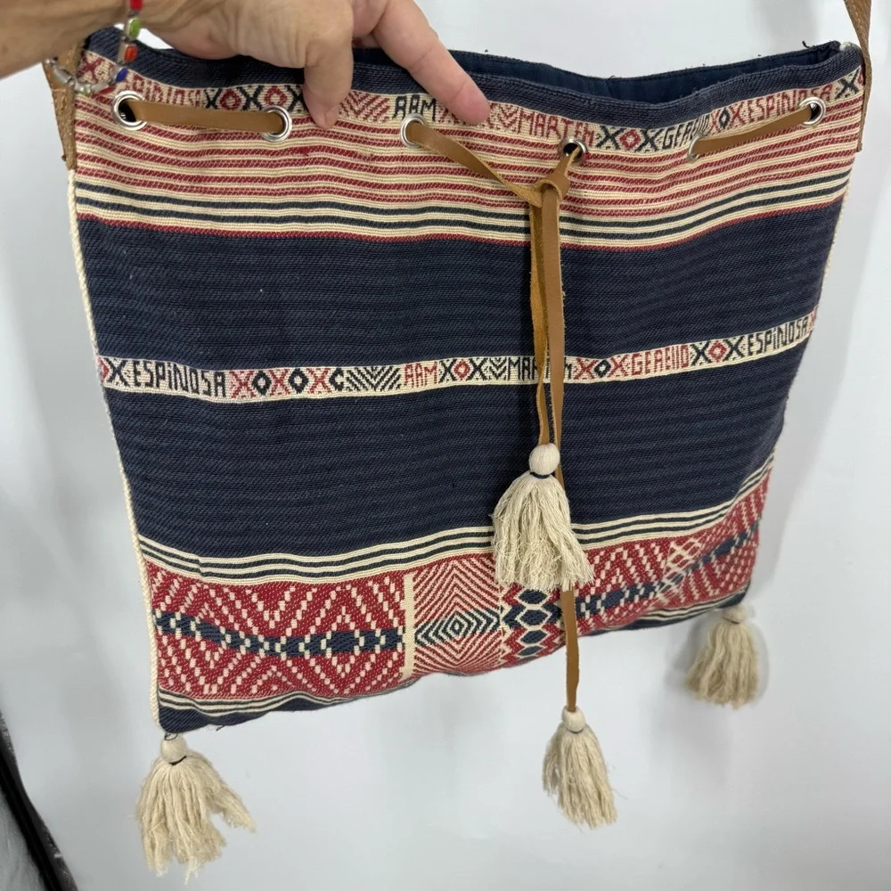 Star Mela vintage 100% cotton with leather strap and tassel bucket Boho bag
