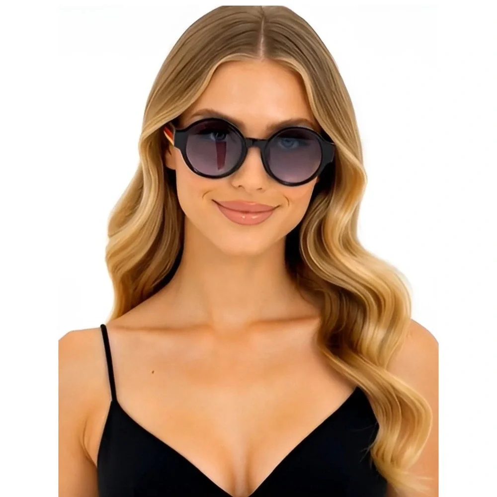 Round Oversized Sunglasses Women's Fashion‎ Black Frame Red Stripe UV400 Protect