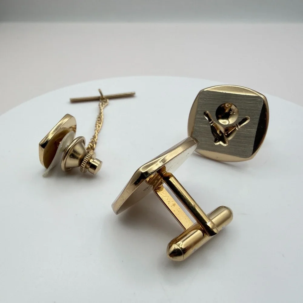 VTG Y2K Gold Tone Bowling Tie Tac Cufflinks Set Men's Classic Fashion Jewelry