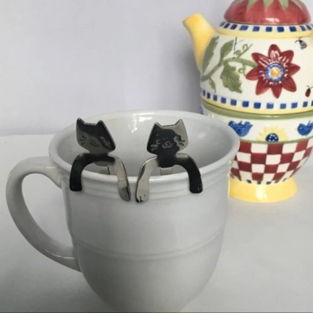 Cat Spoons Tea Spoons Stirrers Cup Hugging Kitty Cats Stainless Steel 2 PC Set