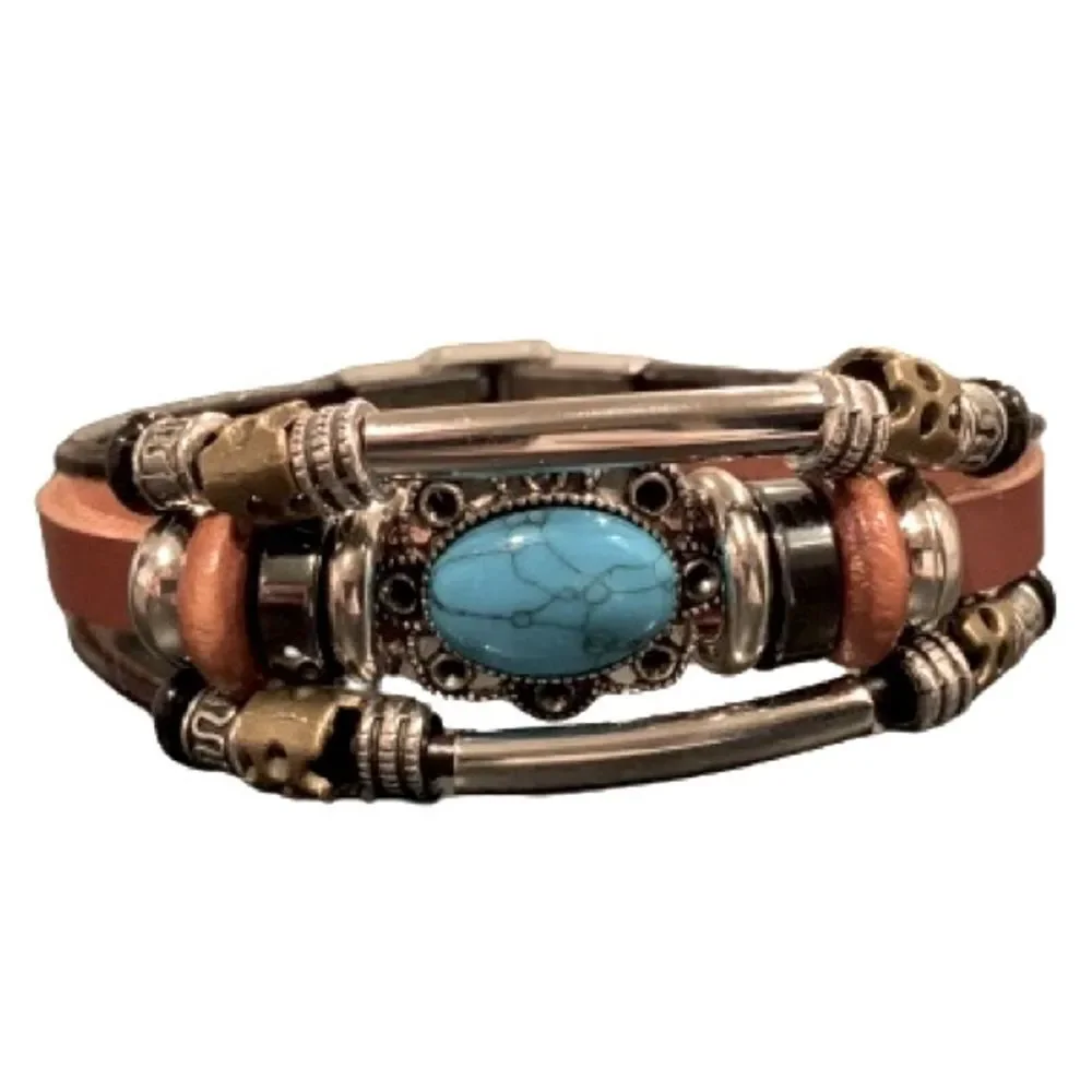 Men’s Western Multi-Strand Bracelet - Silver Tone with Faux Turquoise
