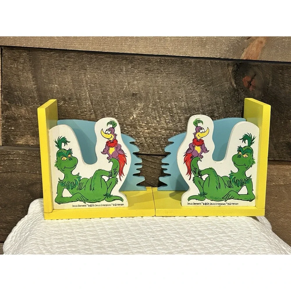 Vintage Dr Seuss Bookends‎ Wooden Grinch Boo Yellow Henson Nursery Play Room EUC